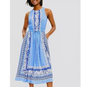 LOFT Floral Midi Dress Womens Medium Blue Open Back Pocket Beachy Summer